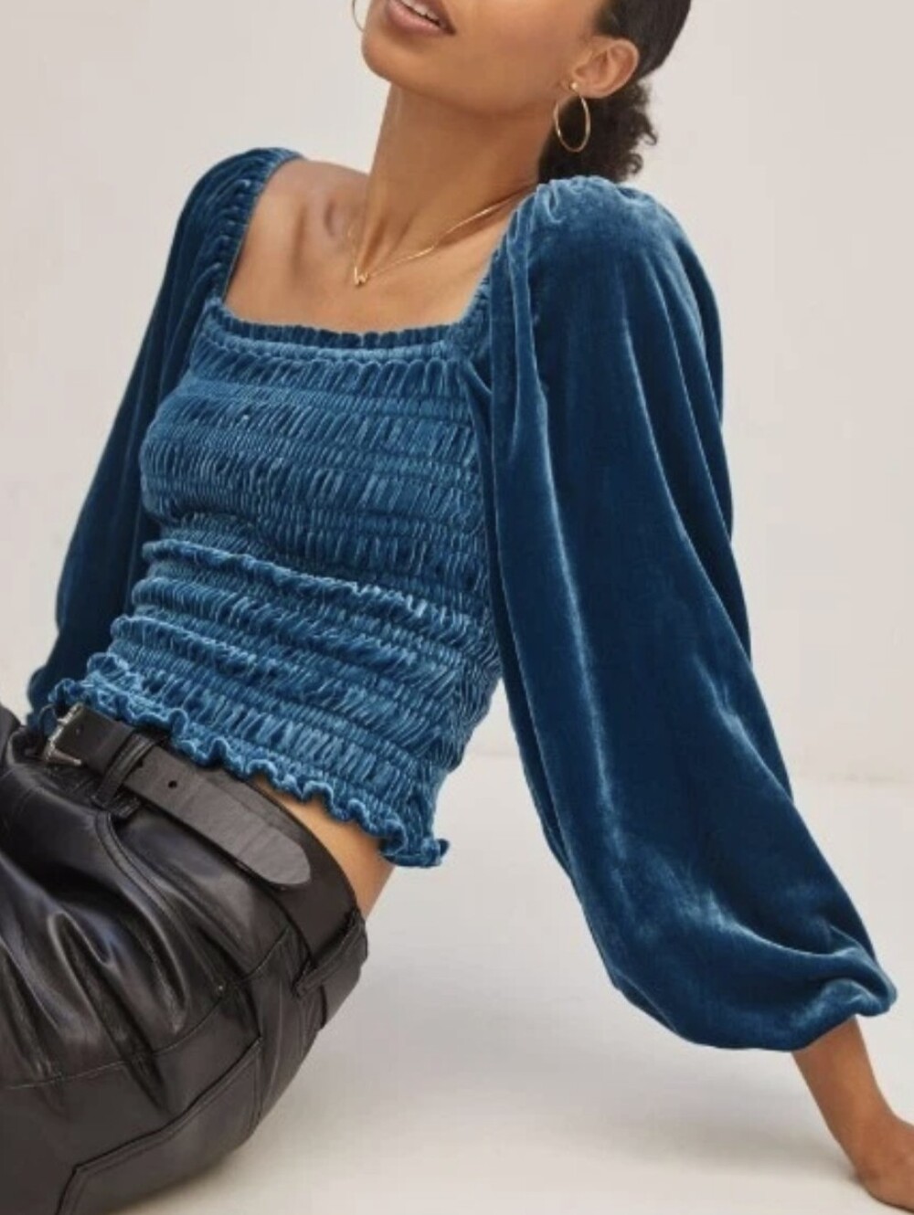 Anthropologie Velvet Smocked Puff Sleeve Square Neck top XS Blue Boho whimsigoth